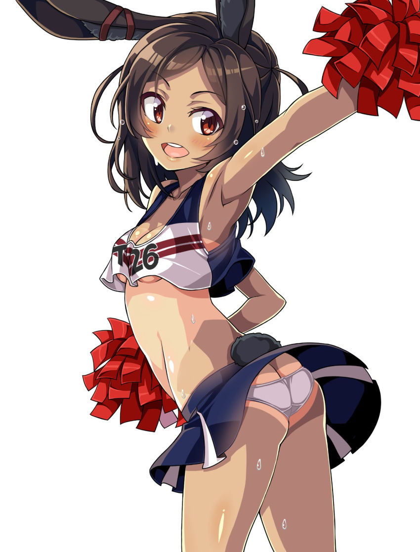 1girl animal_ears arm_up armpits ass azur_lane blue_skirt breasts brown_hair bunny_ears cheering cheerleader clothes_writing collarbone cowboy_shot crop_top crop_top_overhang ear_ribbon from_behind highres holding holding_pom_poms i-26_(azur_lane) looking_at_viewer looking_back macaroni_hourensou miniskirt open_mouth orange_eyes panties pleated_skirt pom_poms shirt short_hair simple_background skirt sleeveless sleeveless_shirt small_breasts smile solo sweat tan tanline underboob underwear white_background white_panties