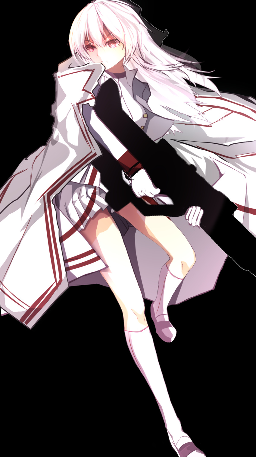 1girl absurdres bangs blush bow cape cloak commentary_request eyebrows_visible_through_hair fire girls_frontline gloves gun hair_between_eyes hair_ornament hair_ribbon hairclip highres holding holding_gun holding_weapon iws-2000_(girls_frontline) knee_up kneehighs legs light_particles long_hair looking_away looking_down military military_uniform pleated_skirt purple_eyes ribbon rifle serious shirt shoes sidelocks silver_hair skirt socks solo sskylarks thighs uniform weapon white_cloak white_footwear white_gloves white_hair white_legwear white_skirt