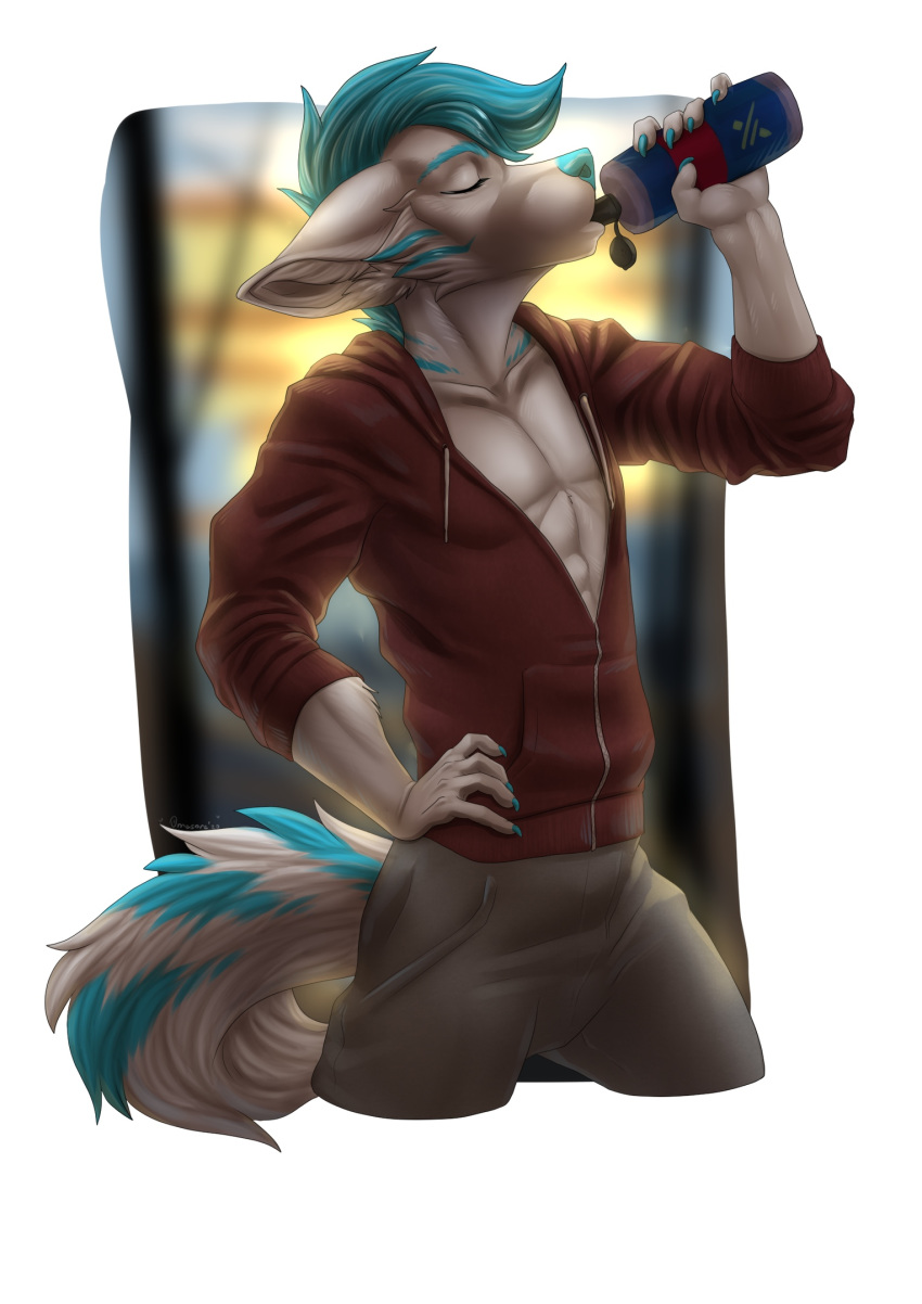 2020 5_fingers anthro blue_hair blue_nose canid canine canis clothed clothing digital_media_(artwork) domestic_dog fingers hair hi_res hoodie male mammal omesore solo topwear