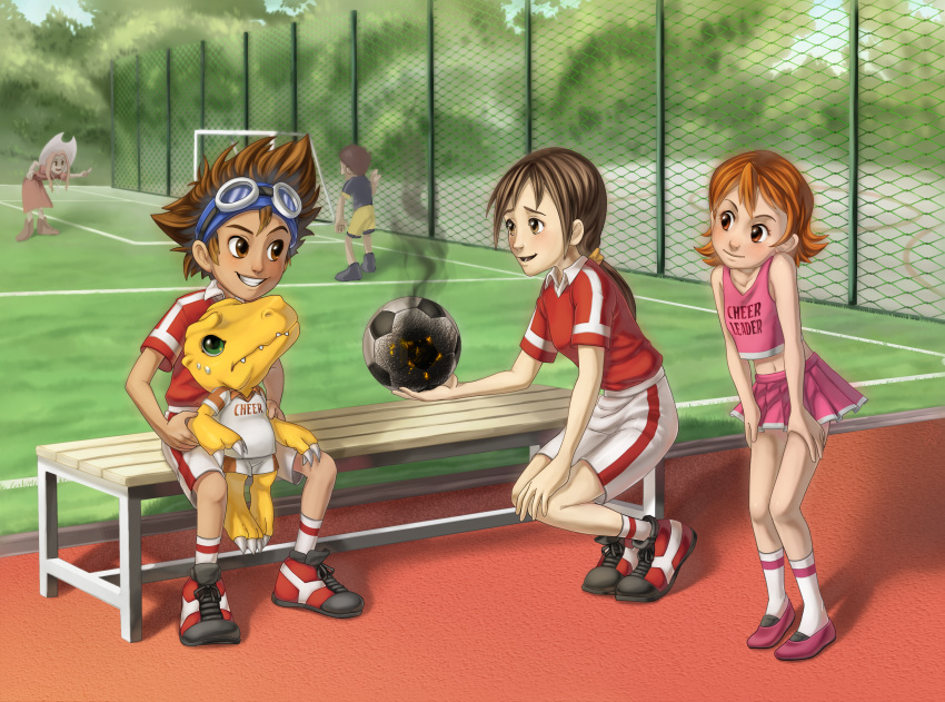 agumon ball bottomwear child clothing digimon digimon_(species) female football_(disambiguation) group hi_res human izzy_izumi male mammal mimi_tachikawa mother parent shorts soccer son sora_takenouchi sorrel_(artist) sport sportswear taichi_kamiya young yuuko_kamiya