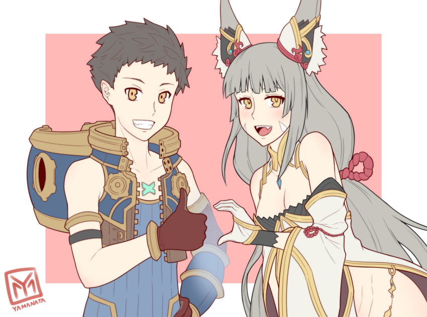 1boy 1girl :d animal_ear_fluff animal_ears bare_shoulders breasts brown_gloves chest_jewel cleavage detached_sleeves facial_mark fangs gloves grin heart_hand_thumb_up_duo highres low_ponytail niyah niyah_(blade) open_mouth pink_background rex_(xenoblade_2) signature silver_hair small_breasts smile white_background xenoblade_(series) xenoblade_2 yamanata