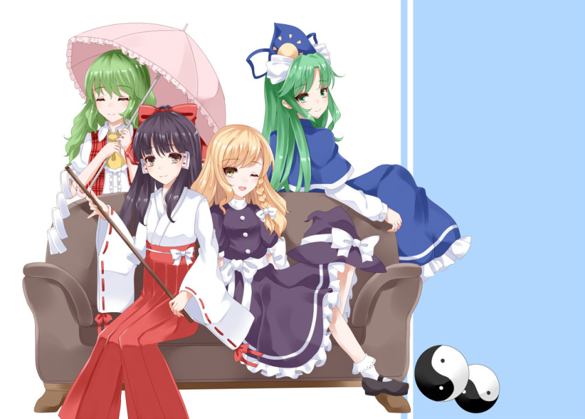 4girls ascot blonde_hair bobby_socks bow brown_hair buttons capelet couch detached_sleeves dress frilled_dress frills gohei green_eyes green_hair hair_bow hair_tubes hakama hakurei_reimu hakurei_reimu_(pc-98) hat hat_bow japanese_clothes kazami_yuuka kazami_yuuka_(pc-98) kimono kirisame_marisa kirisame_marisa_(pc-98) long_hair long_sleeves miko mima multiple_girls mystic_square nanatuki13 open_mouth plaid puffy_short_sleeves puffy_sleeves purple_headwear red_hakama ribbon ribbon-trimmed_clothes ribbon_trim shirt short_hair short_sleeves skirt smile socks touhou touhou_(pc-98) umbrella white_bow white_legwear wide_sleeves witch_hat yin_yang