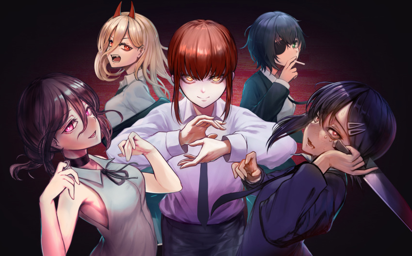 5girls alternate_eye_color arm_up armpits bangs bare_shoulders black_choker black_eyepatch black_hair black_neckwear black_pants blonde_hair breasts brown_eyes brown_hair business_suit chainsaw_man choker cigarette collarbone collared_shirt crying crying_with_eyes_open demon_girl demon_horns eyeliner eyepatch fang formal glowing glowing_eyes green_eyes grenade_pin hair_between_eyes hair_bun hand_gesture higashiyama_kobeni highres himeno_(chainsaw_man) holding holding_knife holding_weapon horns knife light_smile long_hair long_sleeves looking_at_viewer makeup makima_(chainsaw_man) medium_breasts medium_hair multiple_girls necktie nervous open_mouth pants power_(chainsaw_man) purple_eyes red_eyes reze_(chainsaw_man) ribbon ringed_eyes scared shirt shirt_tucked_in short_hair sleeveless sleeveless_shirt smile smoking sue_(frederica--bernkastel) suit sweat tears tied_hair weapon white_shirt yellow_eyes