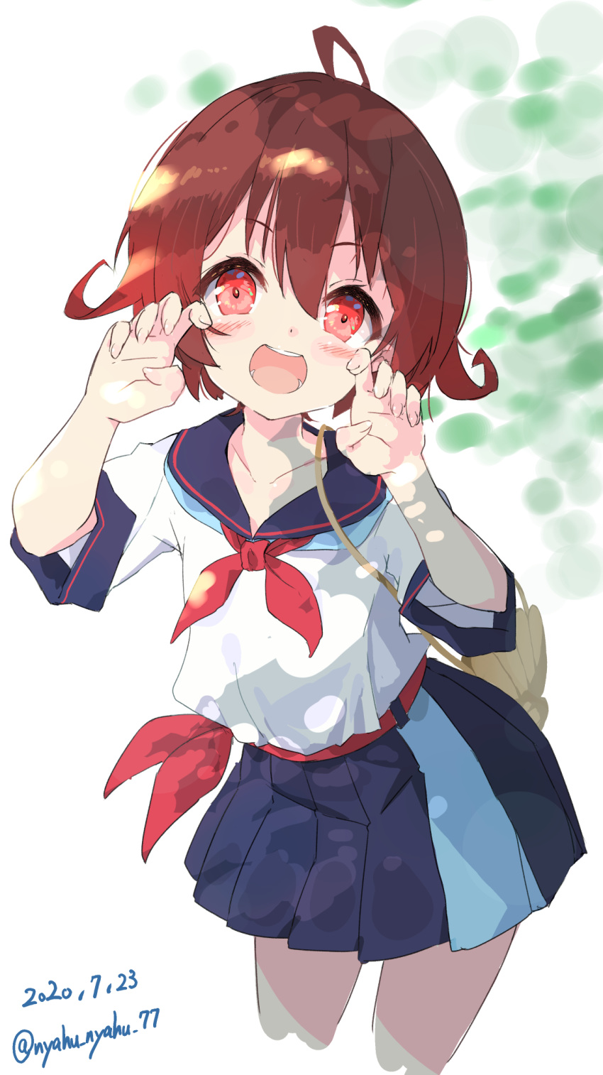 1girl alternate_costume black_sailor_collar brown_hair commentary_request cowboy_shot cropped_legs dated dress gradient_hair highres kantai_collection looking_at_viewer multicolored multicolored_clothes multicolored_hair multicolored_skirt mutsuki_(kantai_collection) neckerchief nyafu_(moai_lion) open_mouth paw_pose pleated_skirt red_eyes red_hair red_neckwear round_teeth sailor_collar sailor_dress short_hair skirt smile solo teeth twitter_username upper_teeth white_background