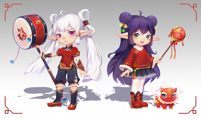 alternate_costume animal animal_ears artist_name bangs fang green_eyes hair_ornament kezi league_of_legends long_hair lulu_(league_of_legends) multiple_girls open_mouth pointy_ears poppy purple_hair red_eyes smile staff war_hammer weapon white_hair yordle