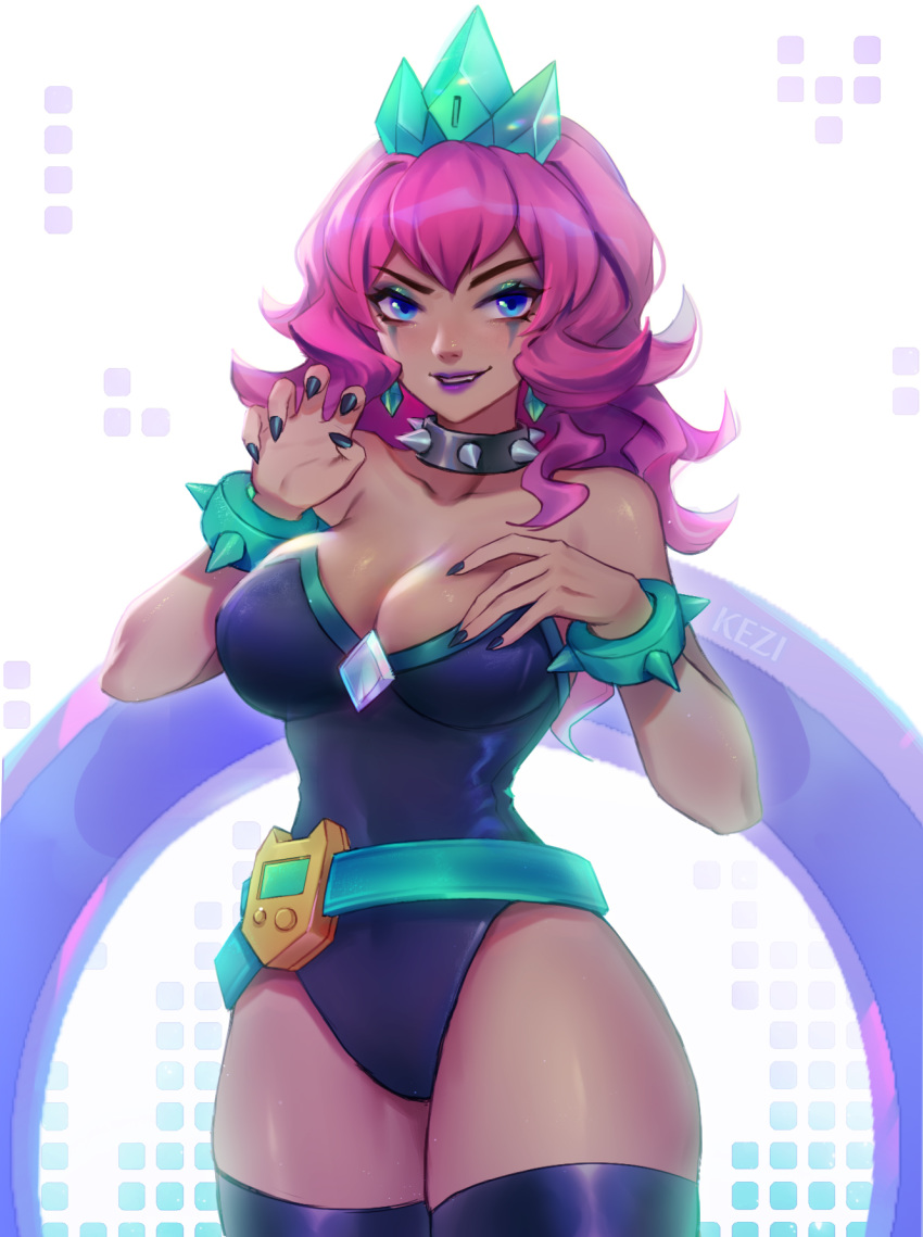 1girl alternate_costume bangs bare_shoulders battle_boss_qiyana belt blue_eyes bracelet breasts cleavage dark_skin earrings eyeshadow highres jewelry kezi large_breasts league_of_legends lipstick makeup nail_polish necklace pink_hair purple_lipstick qiyana_(league_of_legends) smile solo thighhighs tiara