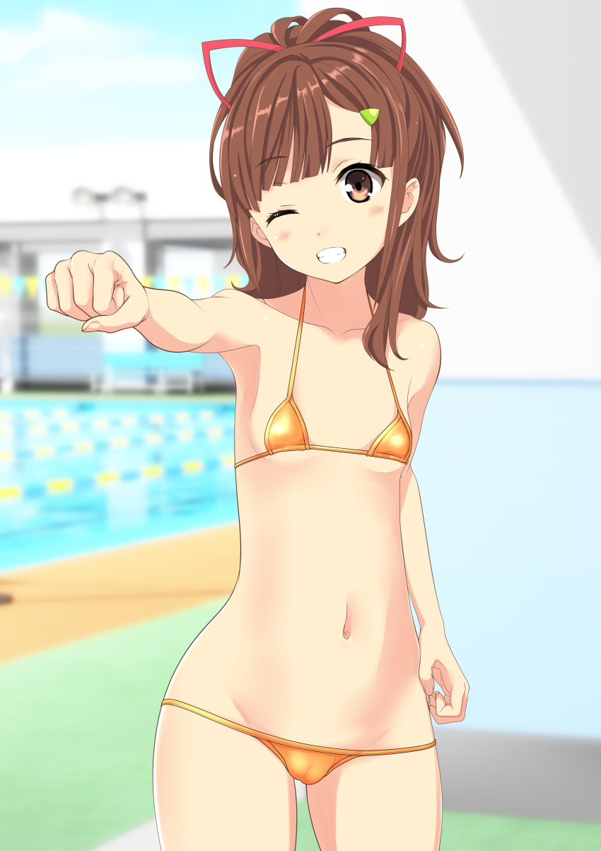 1girl absurdres bench bikini blue_sky blurry breasts brown_eyes brown_hair cameltoe cloud commentary_request cowboy_shot day depth_of_field grin high_school_fleet highres irizaki_mei long_hair looking_at_viewer lowleg lowleg_bikini micro_bikini one-piece_swimsuit orange_bikini outdoors ponytail pool punching sky small_breasts smile solo swimsuit takafumi