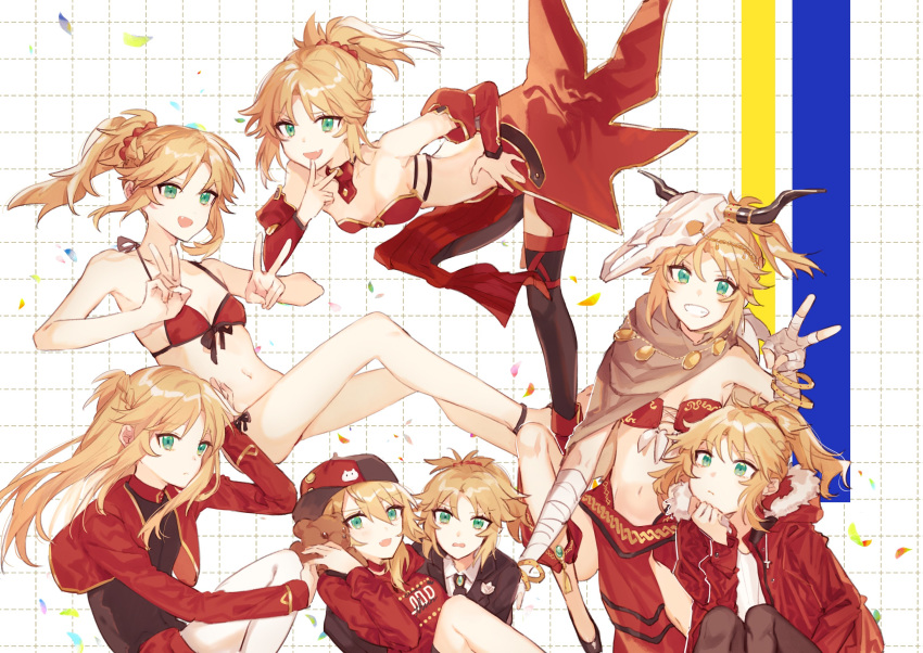 1girl bare_shoulders bikini blonde_hair breasts cleavage detached_sleeves fate/grand_order fate_(series) green_eyes hair_between_eyes hat highres jacket long_hair looking_at_viewer midriff mordred_(fate) mordred_(fate)_(all) multiple_views nabeshima_tetsuhiro open_mouth ponytail rizu033 sleeveless smile stomach strapless swimsuit thighhighs tubetop v