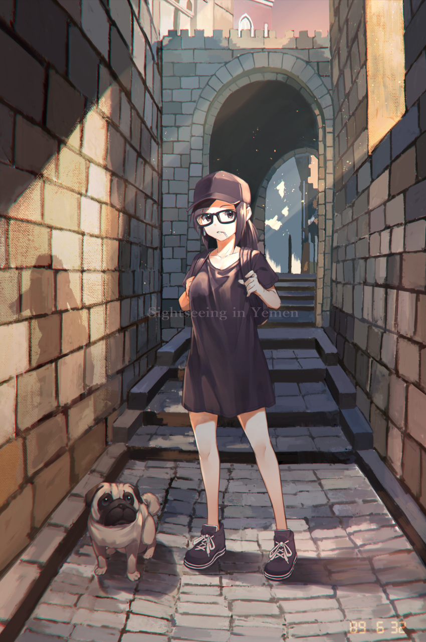 1girl absurdres alley animal arch backpack bag bare_legs baseball_cap black-framed_eyewear black_footwear black_hair black_headwear black_shirt brick_wall brown_eyes building collarbone day dog english_text full_body glasses hat highres holding_strap kotoribako light_rays long_hair looking_at_viewer low_ponytail mouth_hold no_socks original outdoors oversized_clothes oversized_shirt parted_lips pavement photoshop_(medium) pug shadow shirt shoes short_sleeves sidelocks sneakers solo standing sunbeam sunlight