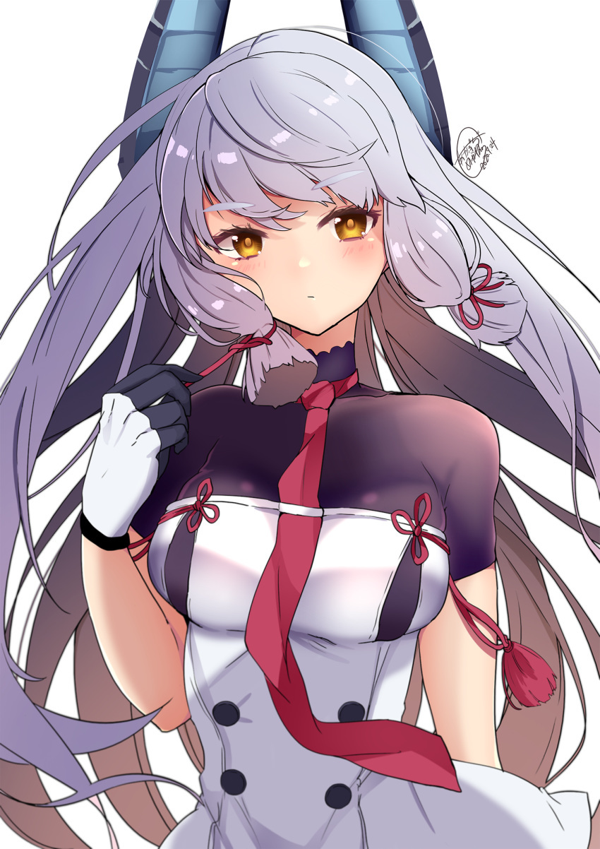 akabuchi_megane breasts gloves headgear highres kantai_collection long_hair looking_at_viewer medium_breasts murakumo_(kantai_collection) necktie short_sleeves sidelocks simple_background two-tone_gloves white_hair yellow_eyes