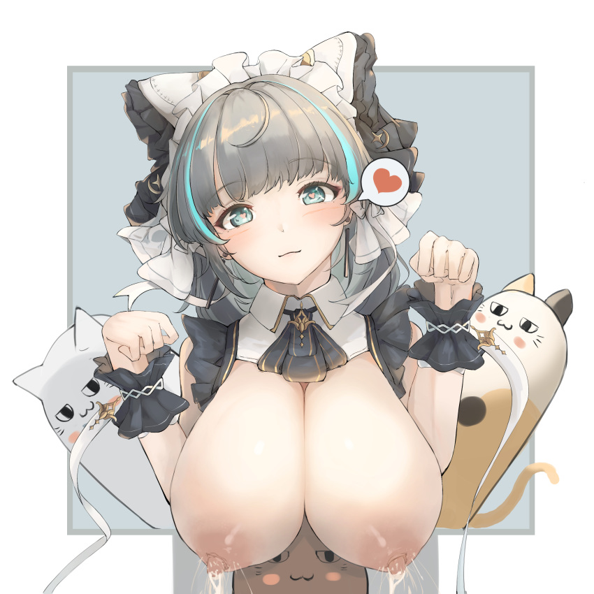 1girl absurdres ahoge aqua_eyes aqua_hair azur_lane bare_shoulders blush breasts cat cheshire_(azur_lane) closed_mouth detached_sleeves earrings framed_breasts frilled_hairband frilled_ribbon frills grey_hair hairband head_tilt heart heart-shaped_pupils highlights highres huge_breasts jewelry lactation light_smile long_ribbon looking_at_viewer maid maid_dress maid_headdress multicolored_hair nipples paw_pose ribbon simple_background skindentation spoken_heart streaked_hair symbol-shaped_pupils upper_body white_background wrist_ribbon yusha_(m-gata)