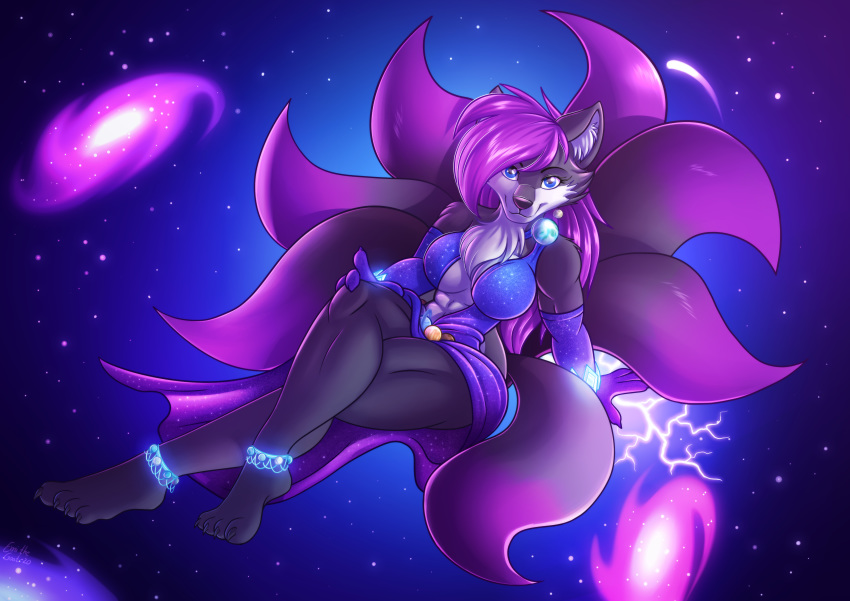 2020 absurd_res anthro breasts canid canine cleavage clothed clothing female fox galaxy hi_res looking_at_viewer macro mammal plantigrade smile solo space star sugaryviolet