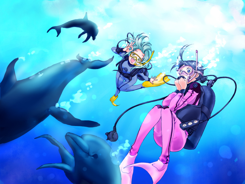 2girls :d amanchu! black_hair blue_eyes bodysuit bubble diving_mask diving_regulator dolphin flippers green_hair highres kohinata_hikari long_hair looking_at_viewer multiple_girls ooki_futaba open_mouth scuba scuba_gear scuba_tank short_hair smile swimsuit underwater wetsuit yellow_eyes yumecan_ayame