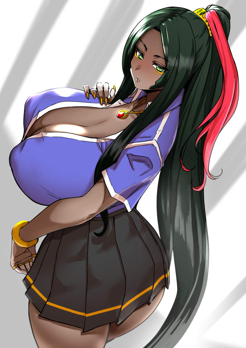 1girl absurdres alternate_costume black_hair blue_shirt breasts cleavage collared_shirt covered_nipples curvy dark_skin fate/grand_order fate_(series) from_behind green_eyes hair_ornament hand_on_own_chest high_ponytail highres huge_breasts jewelry long_hair miniskirt nail_polish necklace pleated_skirt ring scheherazade_(fate/grand_order) school_uniform shirt short_sleeves sidelocks skirt thighs uc uniform very_long_hair wristband yellow_nails