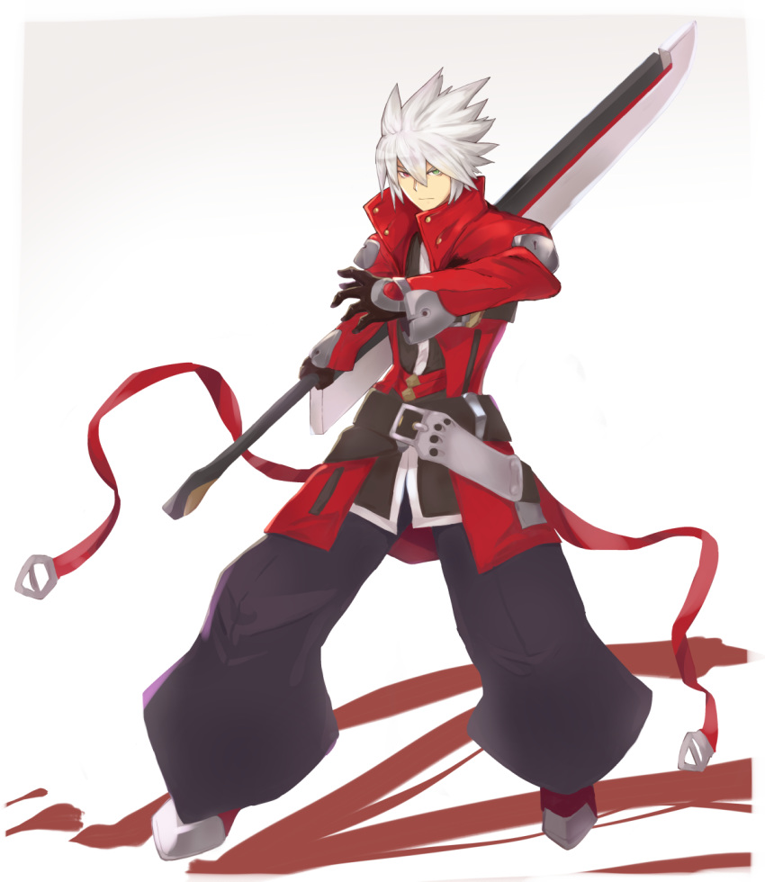 1boy alder belt black_gloves blazblue closed_mouth gloves gradient gradient_background green_eyes hair_between_eyes heterochromia highres holding holding_sword holding_weapon male_focus ragna_the_bloodedge red_eyes solo sword weapon white_hair