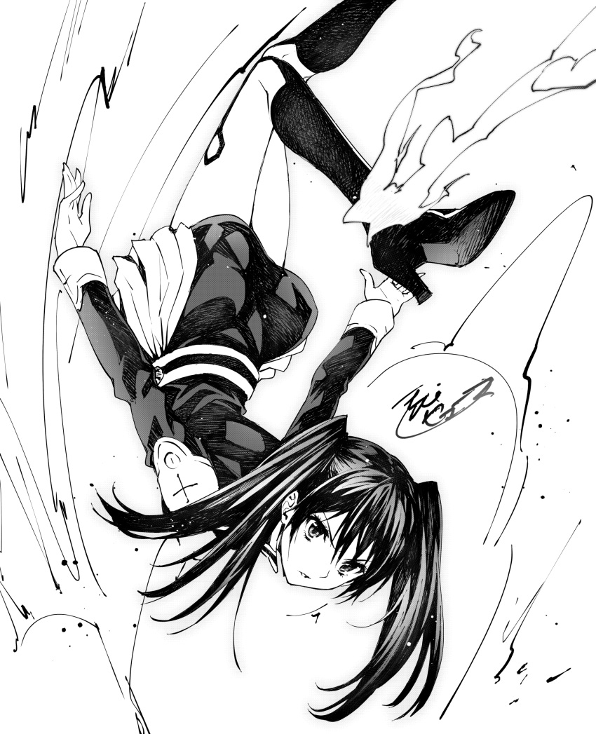 1girl bangs black_order_uniform boots d.gray-man greyscale hair_between_eyes high_heel_boots high_heels highres jacket knee_boots lenalee_lee long_hair long_sleeves miniskirt monochrome parted_lips puma_(hyuma1219) sketch skirt solo twintails upside-down v-shaped_eyebrows