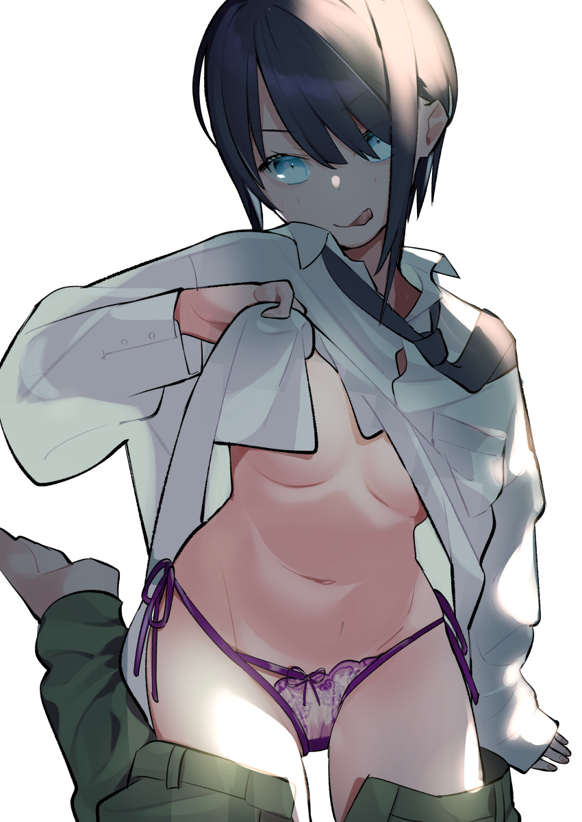 1girl :q absurdres arm_support bangs black_hair black_neckwear blue_eyes blush bow bow_panties breasts closed_mouth eyebrows_visible_through_hair green_pants hair_over_one_eye highres lifted_by_self long_sleeves looking_at_viewer navel necktie no_bra no_shoes omucchan_(omutyuan) original panties pants pants_pull purple_panties shirt_lift short_hair side-tie_panties simple_background sitting sleeves_past_wrists small_breasts smile socks solo tongue tongue_out underwear white_background white_legwear