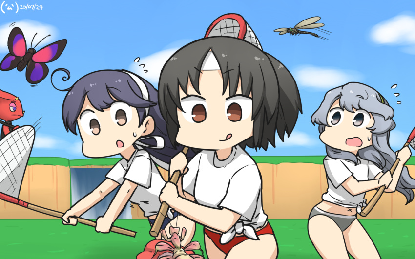 ahoge bikini bikini_bottom black_hair blue_sky brown_eyes bug butterfly butterfly_net character_request cloud commentary_request cowboy_shot crossover dated day doubutsu_no_mori dragonfly green_hairband grey_eyes grey_hair hairband hamu_koutarou hand_net headband highres insect kantai_collection long_hair nagara_(kantai_collection) one_side_up outdoors praying_mantis shirt short_hair sky swimsuit t-shirt tied_shirt tongue tongue_out ushio_(kantai_collection) white_shirt x_navel yamagumo_(kantai_collection)