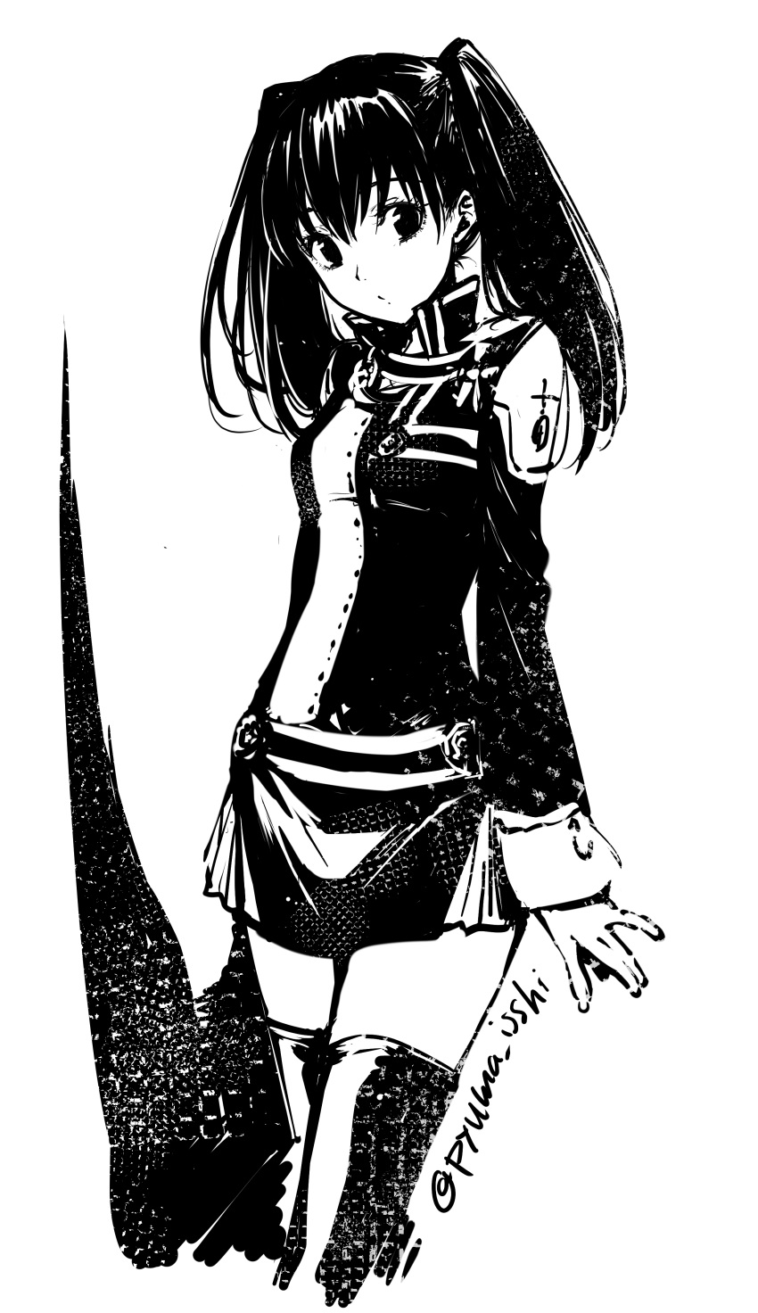 1girl absurdres bangs black_order_uniform d.gray-man greyscale hair_between_eyes highres jacket lenalee_lee long_hair long_sleeves looking_at_viewer miniskirt monochrome puma_(hyuma1219) shiny shiny_hair simple_background skirt solo thighhighs twintails twitter_username white_background zettai_ryouiki