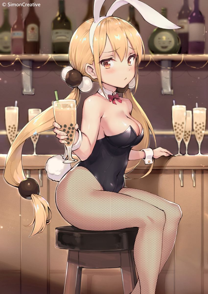 1girl animal_ears bare_shoulders blonde_hair blurry blurry_background blush bow bowtie breasts brown_eyes bubble_tea bunny_ears cleavage covered_navel depth_of_field detached_collar fake_animal_ears fishnet_legwear fishnets food_girls from_side hairband haoni highres indoors leotard long_hair low_twintails medium_breasts pantyhose parted_lips sitting solo twintails very_long_hair wrist_cuffs