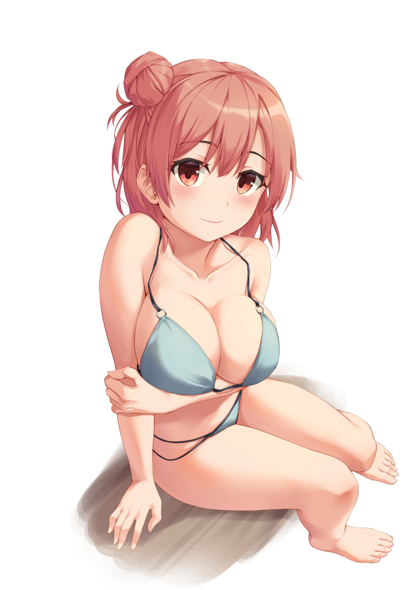 1girl absurdres arm_under_breasts bare_legs barefoot bikini blue_bikini blush breast_hold breasts cleavage closed_mouth collarbone from_above highres knees_together_feet_apart large_breasts looking_at_viewer multi-strapped_bikini o-ring o-ring_bikini o-ring_top pink_eyes pink_hair ributsu short_hair side_bun simple_background sitting smile solo swimsuit white_background yahari_ore_no_seishun_lovecome_wa_machigatteiru. yuigahama_yui