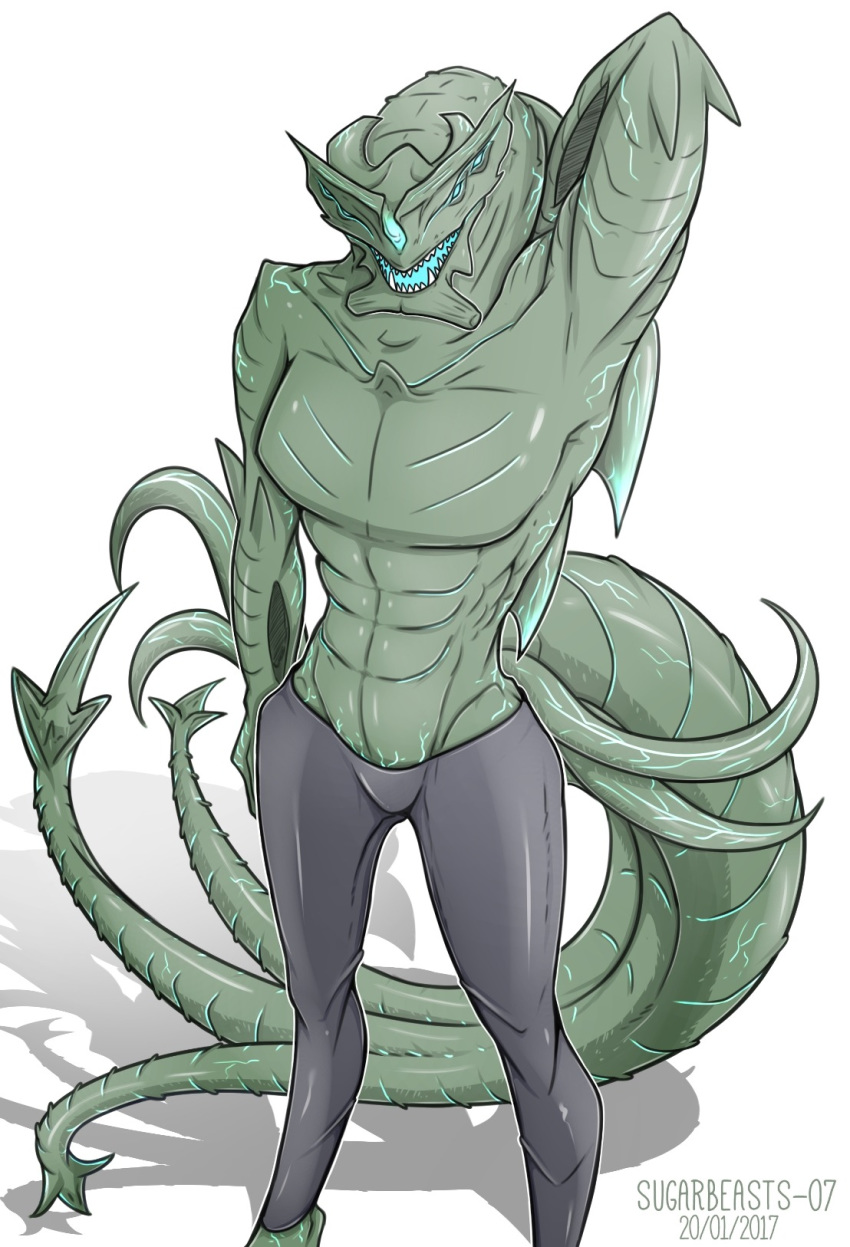 anthro anthrofied blue_eyes bottomwear clothed clothing fangs green_body hi_res male open_mouth pacific_rim pants partially_clothed simple_background slattern_(pacific_rim) solo tentacles vipery-07 white_background