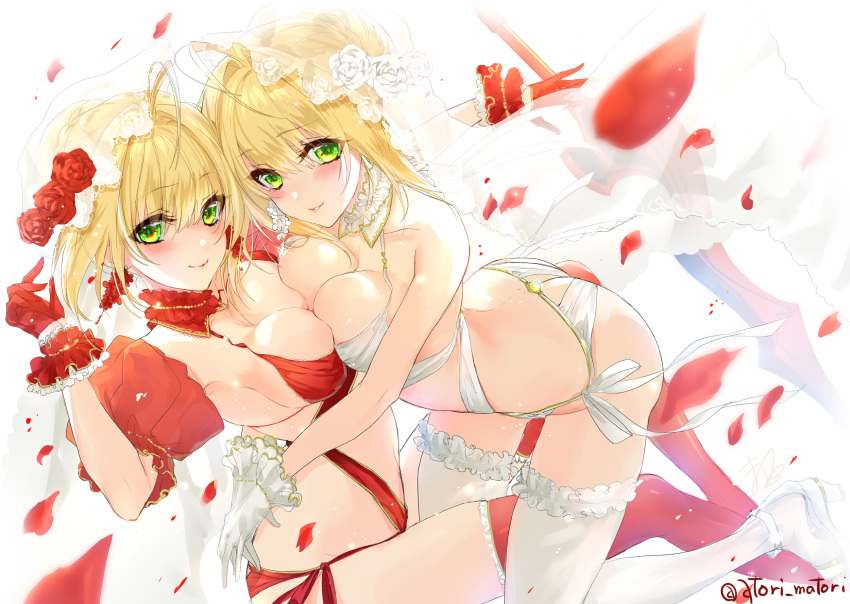 2girls ahoge bangs bare_shoulders bikini blonde_hair blush braid breasts cleavage collarbone detached_collar dual_persona fate_(series) french_braid gloves green_eyes hair_bun hair_intakes highres large_breasts long_hair looking_at_viewer matori_(user_xrdk3278) multiple_girls nero_claudius_(fate) nero_claudius_(fate)_(all) petals red_bikini rose_petals smile swimsuit thighhighs white_bikini