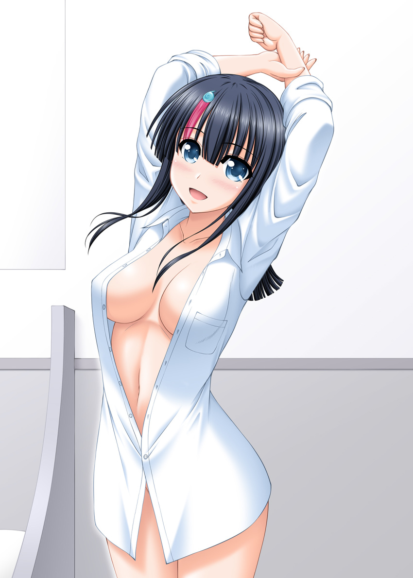 1girl arms_up bangs black_hair blue_eyes blush breasts center_opening collarbone collared_shirt dress_shirt fate/grand_order fate/requiem fate_(series) highres kiryuu_makoto large_breasts long_sleeves looking_at_viewer magatama magatama_hair_ornament medium_hair multicolored_hair naked_shirt open_mouth pink_hair shirt smile streaked_hair stretch thighs utsumi_erise white_shirt