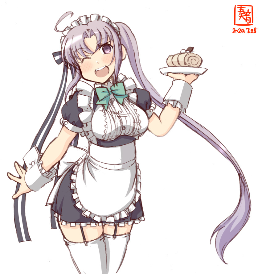 1girl ahoge akitsushima_(kantai_collection) alternate_costume apron artist_logo black_dress cake commentary_request cowboy_shot dated dress enmaided food frilled_apron frilled_cuffs frilled_dress frills garter_straps highres kanon_(kurogane_knights) kantai_collection long_hair looking_at_viewer maid one_eye_closed plate purple_eyes purple_hair side_ponytail simple_background smile solo thighhighs waist_apron white_apron white_background white_legwear wrist_cuffs