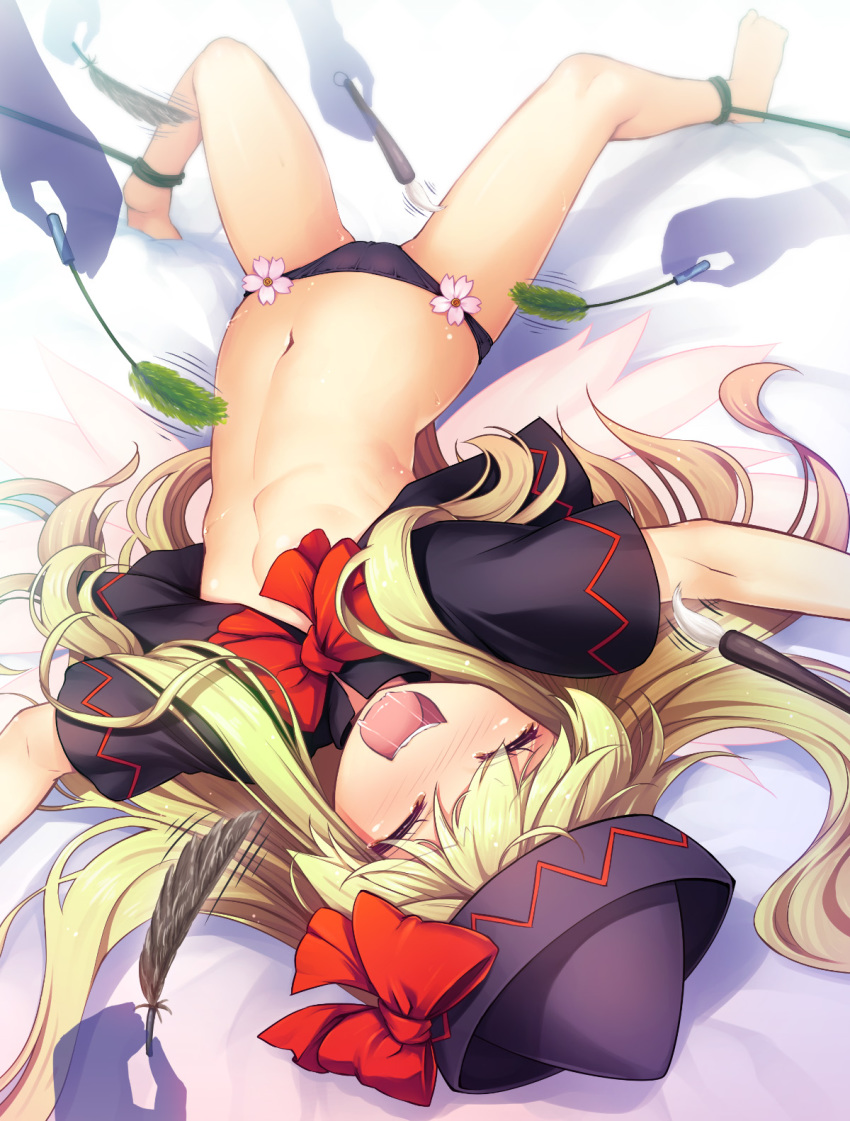 1girl bangs bed_sheet black_capelet black_headwear black_panties blonde_hair blush bound_ankles bow calligraphy_brush capelet chima_q closed_eyes fairy_wings feathers flat_chest flower_panties hat highres lily_black lily_white long_hair lying navel no_pants on_back open_mouth paintbrush panties pink_panties shirtless silhouette solo_focus stomach tears tickle_torture tickling touhou underwear wings