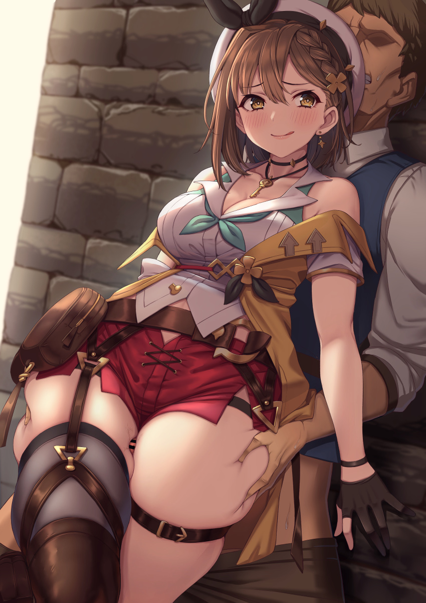 1boy 1girl :q absurdres atelier_(series) atelier_ryza atelier_ryza_2 bangs bar_censor bare_shoulders belt black_gloves black_legwear blush braid breasts brown_belt brown_eyes brown_hair censored cleavage clenched_teeth collarbone commentary_request earrings eyebrows_visible_through_hair garter_straps gloves hair_between_eyes hair_ornament hairclip hat highres jewelry key_necklace large_breasts looking_at_another momo_no_sukebe outdoors parted_lips partly_fingerless_gloves penis red_shorts reisalin_stout short_hair short_shorts shorts single_thighhigh smile solo_focus standing star_(symbol) star_earrings teeth thick_thighs thigh_grab thigh_sex thigh_strap thighhighs thighs tongue tongue_out white_headwear