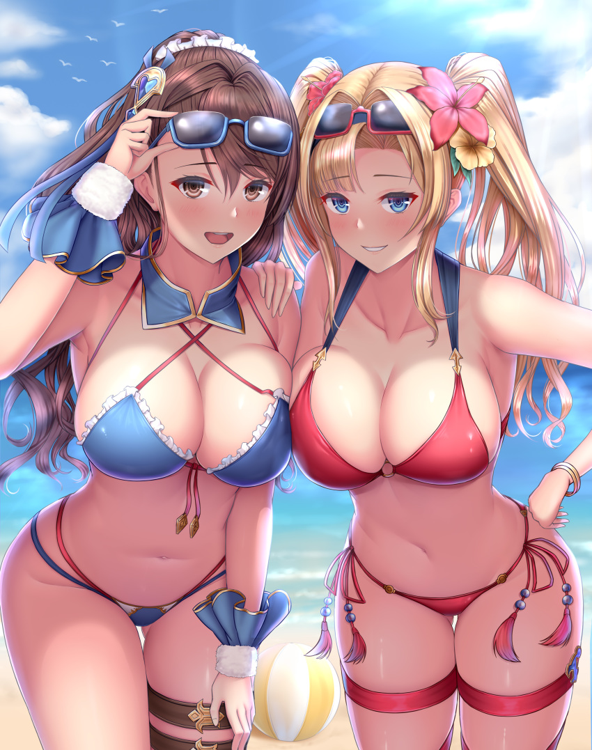 2girls absurdres adjusting_eyewear ball bangle bangs beach beatrix_(granblue_fantasy) bikini blonde_hair blue-framed_eyewear blue_bikini blue_eyes blush bracelet breasts brown_eyes brown_hair cleavage collarbone detached_collar eyewear_on_head flower granblue_fantasy hair_flower hair_intakes hair_ornament hair_scrunchie hand_on_another's_shoulder hand_on_hip highres jewelry large_breasts leaning_forward long_hair looking_at_viewer meropan multiple_girls navel ocean open_mouth parted_lips ponytail red-framed_eyewear red_bikini scrunchie smile sunglasses swimsuit thigh_strap twintails wrist_cuffs zeta_(granblue_fantasy)