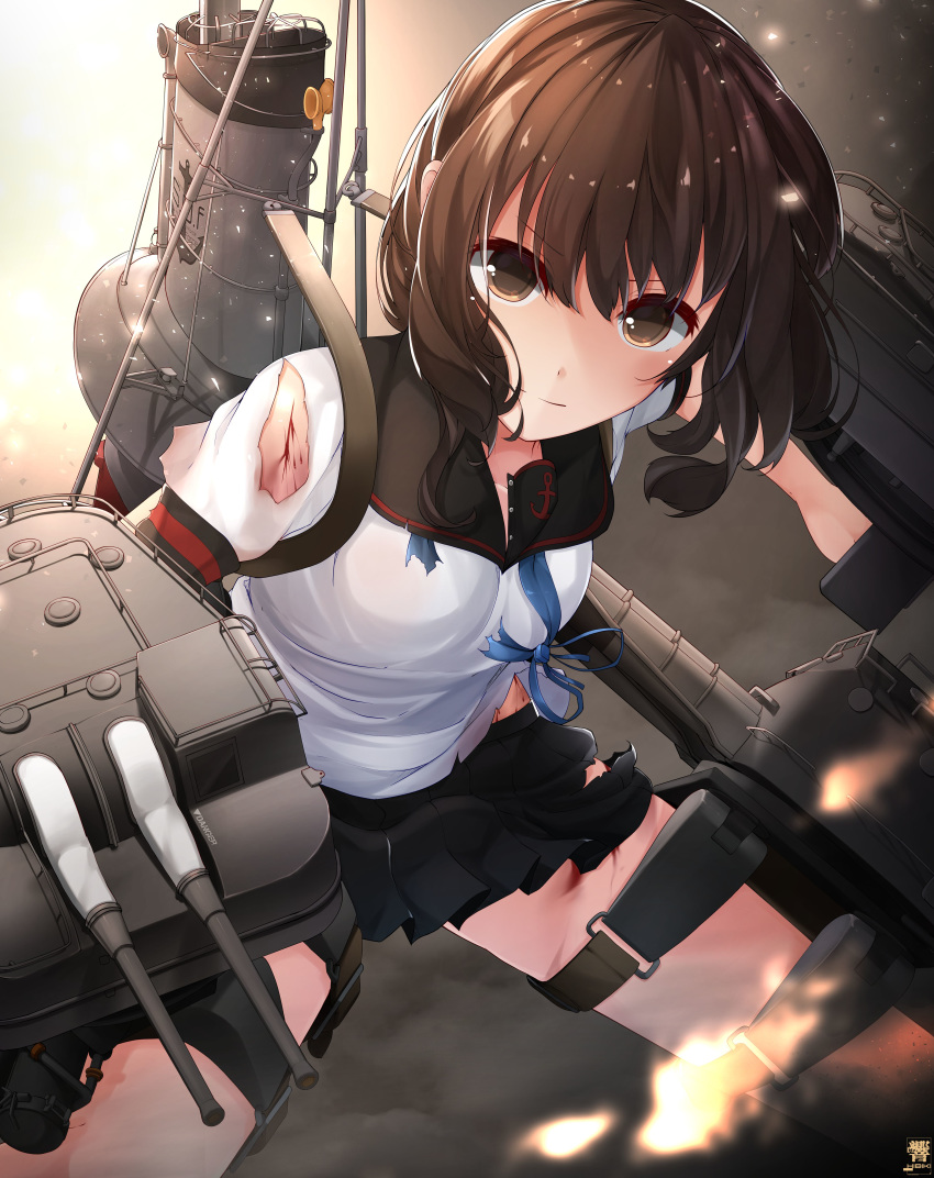 1girl absurdres anchor_symbol black_sailor_collar black_skirt blood brown_eyes brown_hair collarbone cowboy_shot fubuki_(kantai_collection) hibiki_zerocodo highres kantai_collection machinery pleated_skirt remodel_(kantai_collection) sailor_collar school_uniform serafuku short_hair short_ponytail short_sleeves skirt smokestack solo torn_clothes torn_skirt torn_sleeves turret