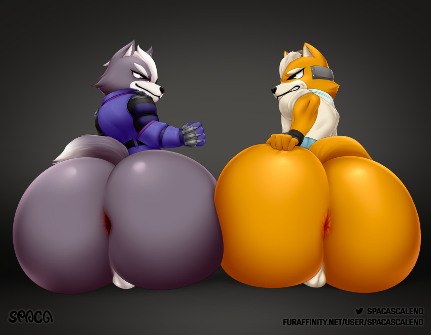 anthro anus balls big_butt bottomless butt canid canine canis clothed clothing digital_media_(artwork) duo fox fox_mccloud fur genitals hi_res huge_butt hyper hyper_butt male male/male mammal nintendo simple_background spaca star_fox video_games wolf wolf_o'donnell