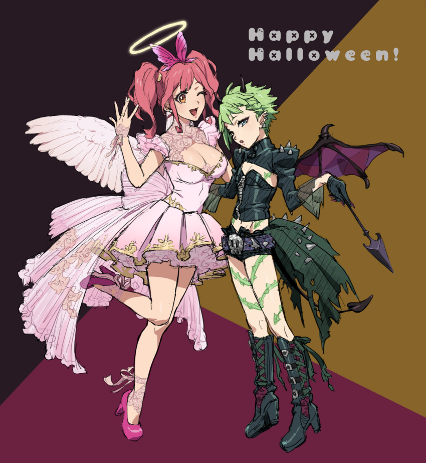 2girls angel_wings black_footwear black_gloves black_shorts black_wings boots breasts cleavage demon_horn dress feathered_wings full_body gloves green_hair green_ribbon halloween halloween_costume happy_halloween high_heels highres holding jewelry knee_boots large_breasts layered_dress long_hair long_sleeves macross macross_delta makina_nakajima midriff mosako multiple_girls navel pink_dress pink_footwear pink_hair pumps reina_prowler ribbon ring see-through shiny shiny_hair short_dress short_hair short_shorts shorts shrug_(clothing) skull_belt sleeveless sleeveless_dress small_breasts standing standing_on_one_leg stomach strapless twintails white_wings wings