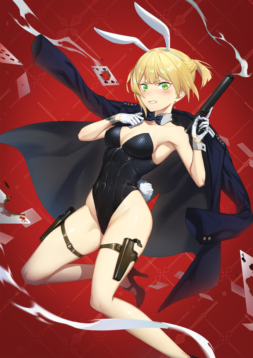 1girl animal_ears bare_legs black_jacket black_leotard black_neckwear blazer blonde_hair bow bowtie breasts bunny_ears bunny_tail bunnysuit card churayuki cleavage commentary_request detached_collar girls_frontline gloves green_eyes gun highres holster jacket jacket_on_shoulders leotard looking_at_viewer medium_breasts playing_card red_background short_hair solo strapless strapless_leotard tail twintails weapon welrod_mk2 welrod_mk2_(girls_frontline) white_gloves wrist_cuffs