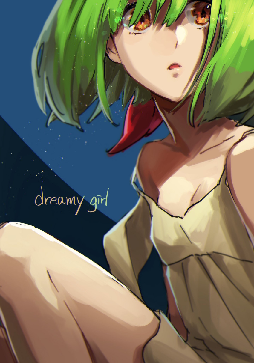 1girl bangs black_background blue_background bow breasts cleavage collarbone dress from_side green_hair grey_dress hair_between_eyes hair_bow highres macross macross_frontier medium_hair open_mouth orange_eyes pote-mm ranka_lee red_bow short_dress sitting sleeveless sleeveless_dress small_breasts solo spaghetti_strap two-tone_background