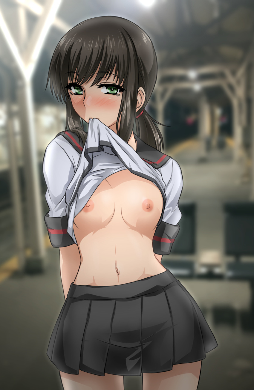 1girl absurdres akito_(sub707) black_hair black_skirt blush breasts fubuki_(kantai_collection) green_eyes highres kantai_collection lifted_by_self low_ponytail miniskirt mouth_hold navel nipples nose_blush pleated_skirt ponytail remodel_(kantai_collection) school_uniform serafuku shirt shirt_lift short_ponytail short_sleeves sidelocks skirt small_breasts solo white_shirt