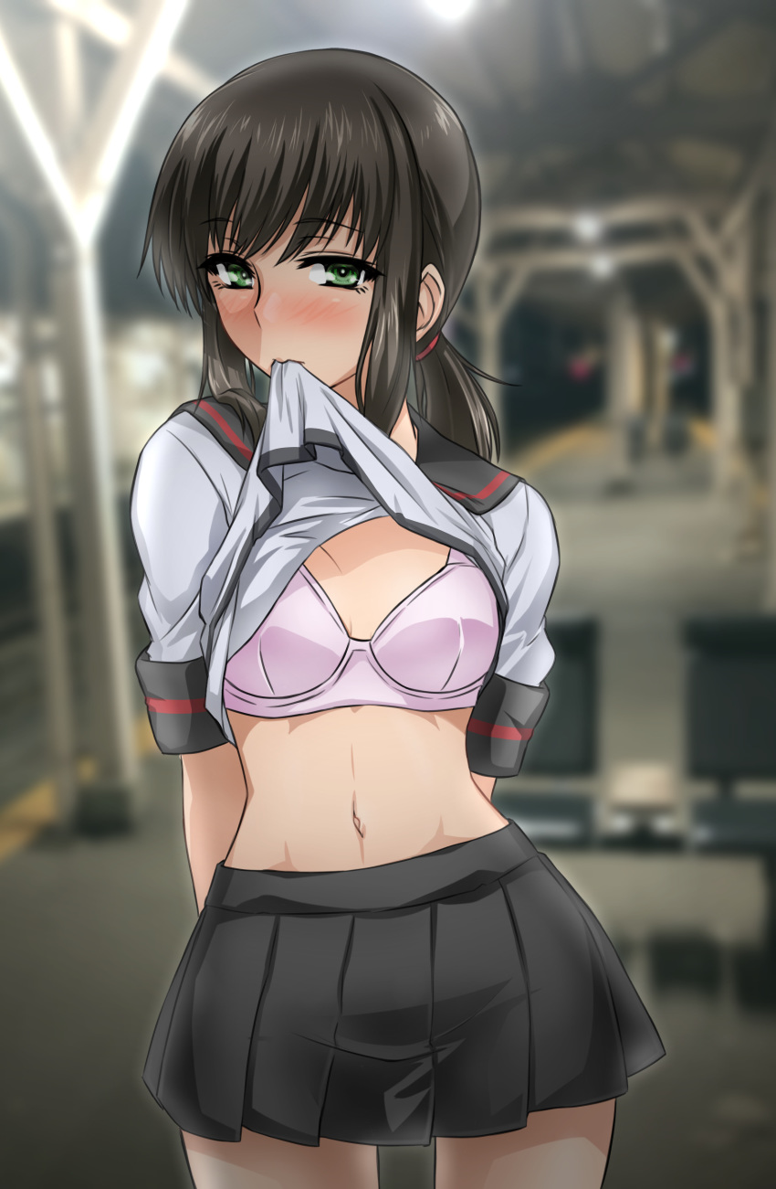 1girl absurdres akito_(sub707) black_hair black_skirt blush bra breasts fubuki_(kantai_collection) green_eyes highres kantai_collection lifted_by_self low_ponytail miniskirt mouth_hold navel nose_blush pink_bra pleated_skirt ponytail remodel_(kantai_collection) school_uniform serafuku shirt shirt_lift short_ponytail short_sleeves sidelocks skirt small_breasts solo underwear white_shirt