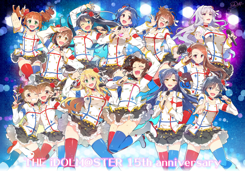 6+girls ahoge akizuki_ritsuko amami_haruka anniversary arm_up black_skirt blonde_hair blue_hair blue_legwear blush boots brown_hair choker flower frills futami_ami futami_mami ganaha_hibiki glasses green_eyes hagiwara_yukiho hair_flower hair_ornament hairband highres holding holding_microphone hoshii_miki idol idolmaster idolmaster_(classic) idolmaster_movie jumping kikuchi_makoto kisaragi_chihaya knee_boots long_hair long_sleeves looking_at_viewer microphone minase_iori mismatched_legwear miura_azusa multiple_girls one_eye_closed one_side_up open_mouth orange_hair pointing red_legwear redrop shijou_takane shirt short_hair siblings signature silver_hair skirt smile starpiece_memories takatsuki_yayoi thighhighs twins twintails white_footwear white_shirt zettai_ryouiki