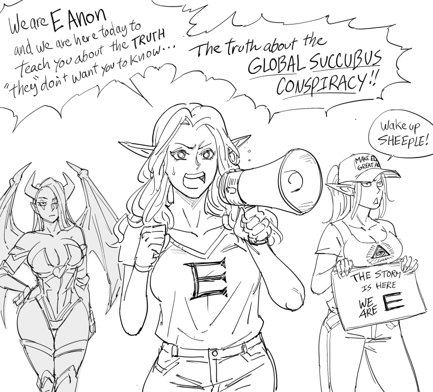 3girls baseball_cap bb_(baalbuddy) breasts cleavage closed_mouth commentary contrapposto demon_girl demon_horns demon_wings denim elf english_commentary english_text greyscale hair_over_one_eye hand_on_hip hat highres holding holding_sign horns illuminati jeans large_breasts leotard make_america_great_again megaphone monochrome multiple_girls open_mouth original pants parody pointy_ears qanon shirt sign sweat thigh_gap thighhighs triangle_mouth wings wristband