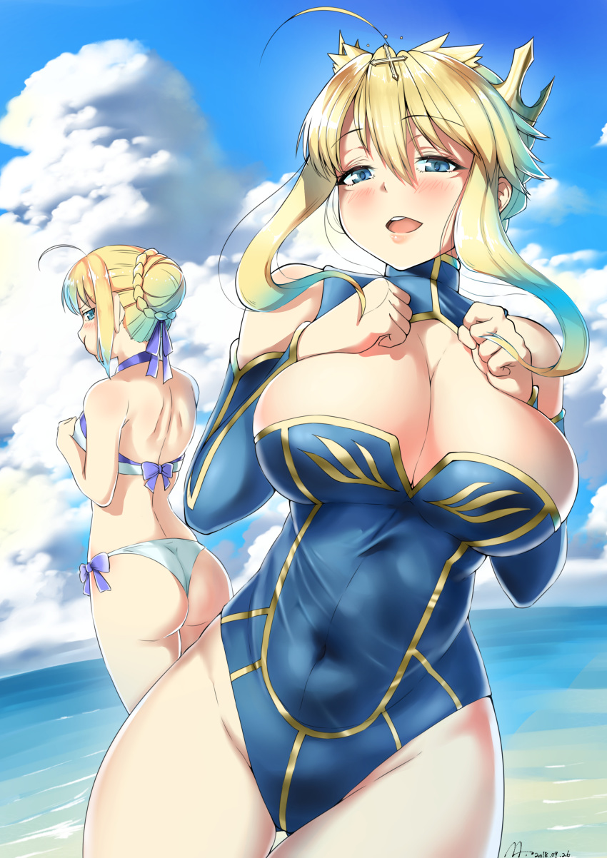 2girls absurdres ahoge artist_name artoria_pendragon_(all) artoria_pendragon_(lancer) ass back bangs bare_shoulders beach bikini blonde_hair blue_bow blue_eyes blue_leotard blue_sleeves blush bow braid breast_envy breast_suppress breasts cleavage cloud covered_navel cross crown dated day detached_sleeves eyebrows_visible_through_hair fate/grand_order fate/stay_night fate_(series) french_braid hair_between_eyes hair_bow halterneck hands_on_own_chest highleg highleg_leotard highres large_breasts leotard looking_at_another looking_at_viewer looking_back medium_breasts multiple_girls na_arva ocean open_mouth outdoors pout saber short_hair sidelocks sky swimsuit taut_leotard white_bikini