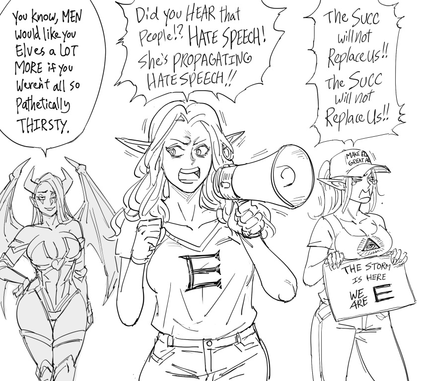 3girls baseball_cap bb_(baalbuddy) breasts cleavage closed_mouth commentary contrapposto demon_girl demon_horns demon_wings denim elf english_commentary english_text greyscale hair_over_one_eye hand_on_hip hat highres holding holding_sign horns illuminati jeans large_breasts leotard make_america_great_again megaphone monochrome multiple_girls open_mouth original pants parody pointy_ears qanon shirt sign sweat thigh_gap thighhighs trembling triangle_mouth wide-eyed wings wristband