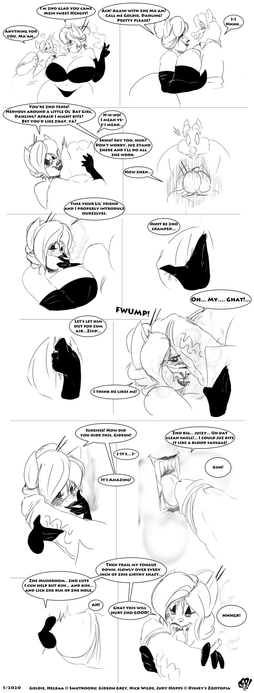 &lt;3 2020 absurd_res anthro anthro_on_anthro armwear beauty_mark big_breasts big_penis black_and_white blush bodily_fluids bra breast_squish breasts bulge canid canine chiropteran cigarette cleavage clothed clothing curvy_figure dialogue disney drooling duo elbow_gloves elderly_female english_text erection female fox genitals gideon_grey gloves goldie_(smutbooru) grandmasterfdc grin handwear hi_res huge_breasts huge_penis humanoid_genitalia humanoid_penis licking male male/female mammal mature_female mole_(marking) monochrome old oral panties penile penis penis_kissing penis_lick saliva sex sharp_teeth skimpy smile smoke smoking speech_bubble squish teeth text tongue tongue_out underwear vein veiny_penis voluptuous wide_hips zootopia