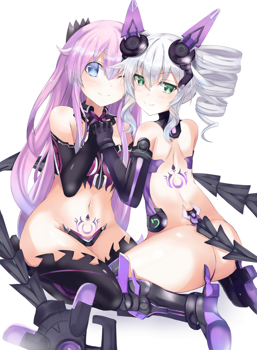 2girls absurdres armor bikini_armor bimmy black_sister black_sister_(chaos_form) blue_eyes blush boots collar commentary drill_hair english_commentary eyebrows_visible_through_hair green_eyes hair_between_eyes headgear highres holding_hands huge_filesize long_hair looking_at_viewer mechanical_tail multiple_girls nepnep_connect:_chaos_chanpuru neptune_(series) one_eye_closed power_symbol pubic_tattoo purple_hair purple_sister purple_sister_(chaos_form) simple_background sitting smile symbol-shaped_pupils tail tattoo thigh_boots thighhighs twin_drills wariza white_background white_hair