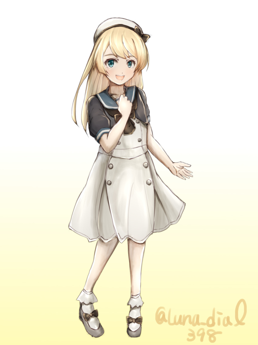 1girl blonde_hair blue_eyes blue_sailor_collar commentary_request dress gloves gradient gradient_background hat highres jervis_(kantai_collection) kantai_collection ld long_hair looking_at_viewer sailor_collar sailor_dress sailor_hat solo twitter_username white_background white_dress white_gloves white_headwear yellow_background