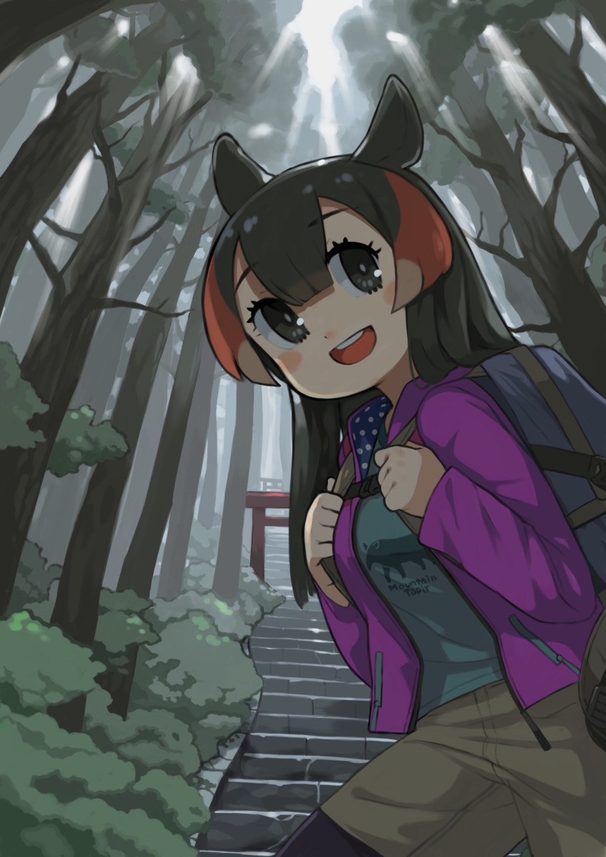 1girl :d alternate_costume backpack bag bangs beige_shorts black_eyes black_hair black_legwear blue_shirt character_name clothes_writing commentary day eyebrows_visible_through_hair forest hair_between_eyes highres holding_strap jacket kemono_friends legwear_under_shorts long_hair long_sleeves looking_at_viewer mountain_tapir_(kemono_friends) nature open_mouth outdoors pantyhose pink_jacket red_hair rinx shirt shorts smile solo stairs torii tree upper_teeth