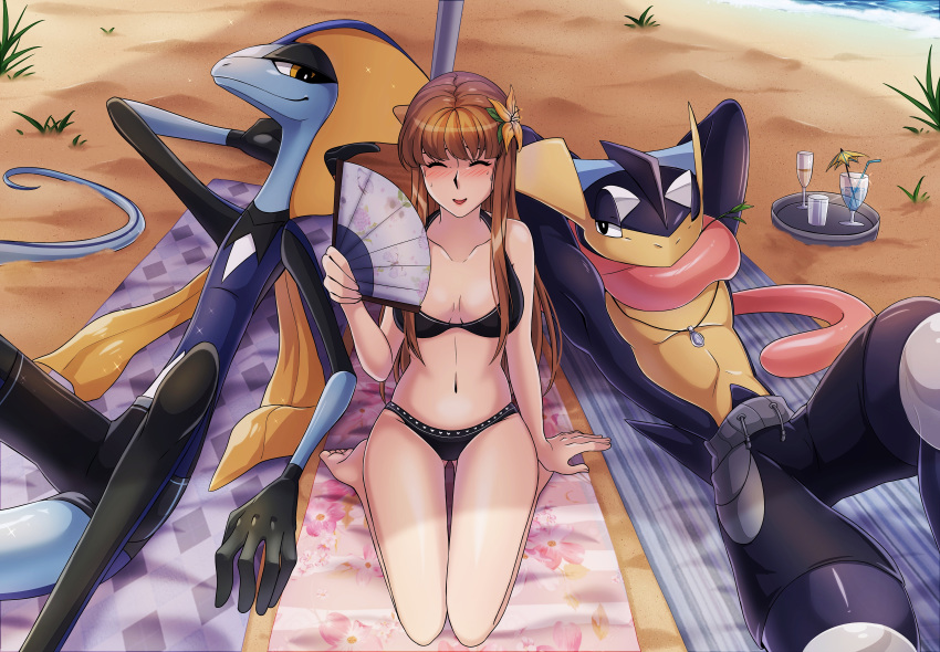 absurd_res amphibian anthro beach beach_towel breasts clothed clothing donutella dorsal_fin drinks fan_(disambiguation) female fin flash_(donutella) greninja group hair hi_res human inteleon jewelry kneeling lizard long_hair long_tongue lying male mammal necklace nintendo on_back outside pok&eacute;mon pok&eacute;mon_(species) reptile scalie seaside skinny slim smile swimwear tongue tongue_out topless umbrella video_games
