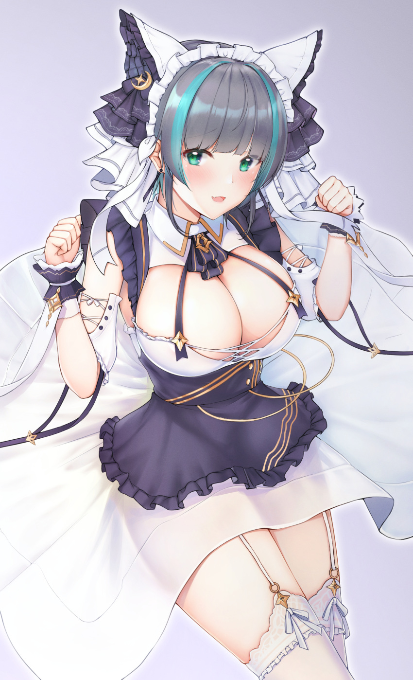 1girl absurdres animal_ears azur_lane benedia black_dress black_hair breasts cat_ears cheshire_(azur_lane) cleavage commentary_request cowboy_shot detached_sleeves dress fake_animal_ears fang frilled_dress frills garter_straps gradient gradient_background green_eyes hands_up headdress highres large_breasts looking_at_viewer multicolored_hair open_mouth paw_pose short_hair smile solo streaked_hair thighhighs white_legwear wing_collar zettai_ryouiki