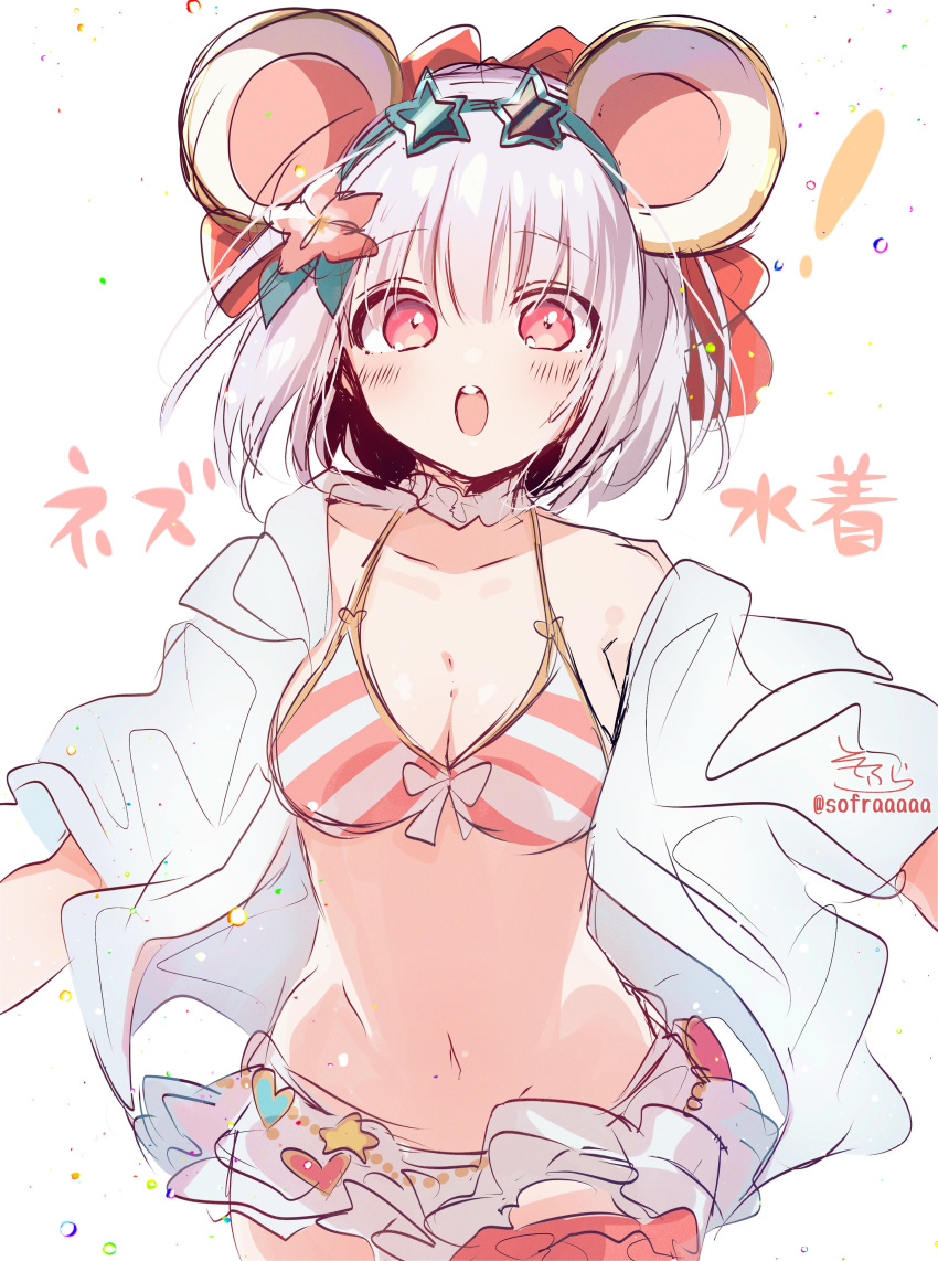 ! 1girl absurdres animal_ears bangs bare_shoulders bikini bikini_skirt blue-framed_eyewear blush bow bow_bikini breasts cleavage collarbone collared_shirt commentary_request diagonal-striped_bikini eyebrows_visible_through_hair flower granblue_fantasy groin hair_between_eyes hair_bow hair_flower hair_ornament highres looking_at_viewer medium_breasts mouse_ears navel off_shoulder open_clothes open_mouth open_shirt pink_flower red_bow red_eyes shirt short_sleeves signature silver_hair simple_background sofra solo star-shaped_eyewear swimsuit translation_request twitter_username upper_teeth vikala_(granblue_fantasy) white_background white_shirt